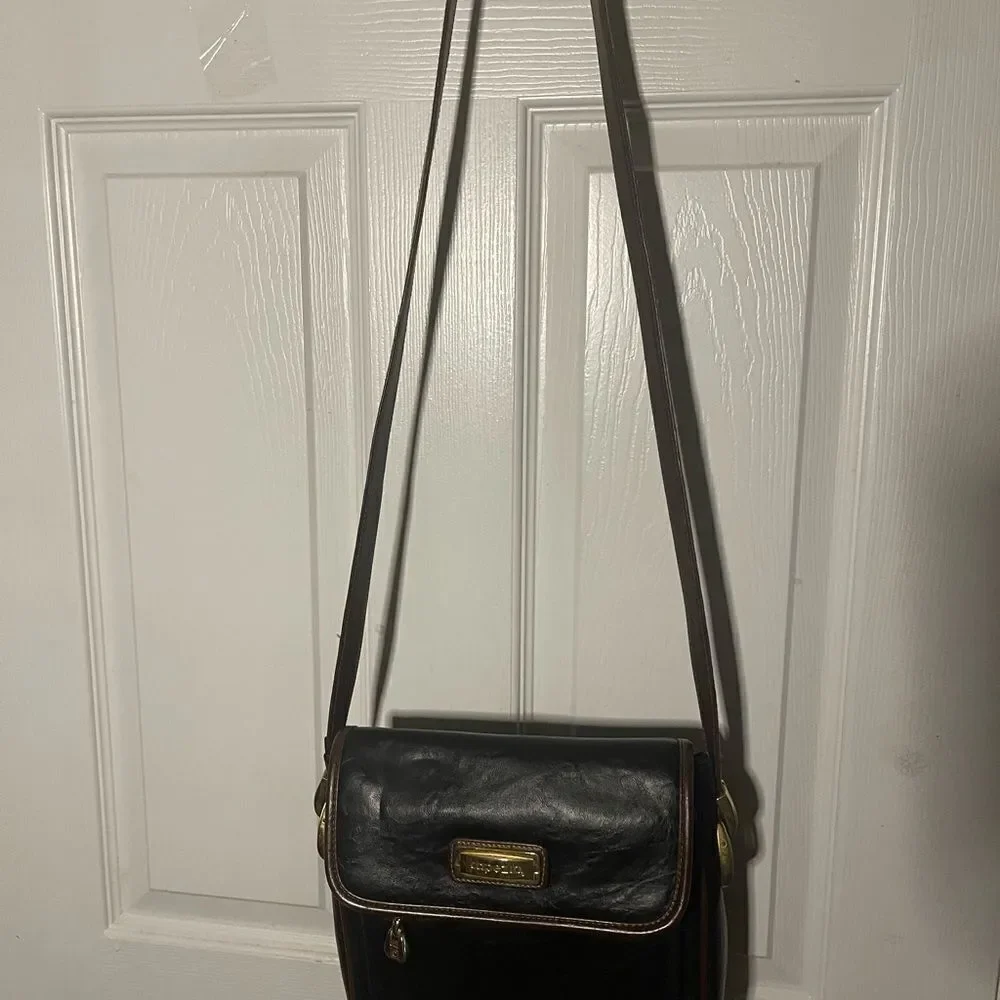 Capezio Black Leather Crossbody Bag with brown trim and gold tone hardwares
